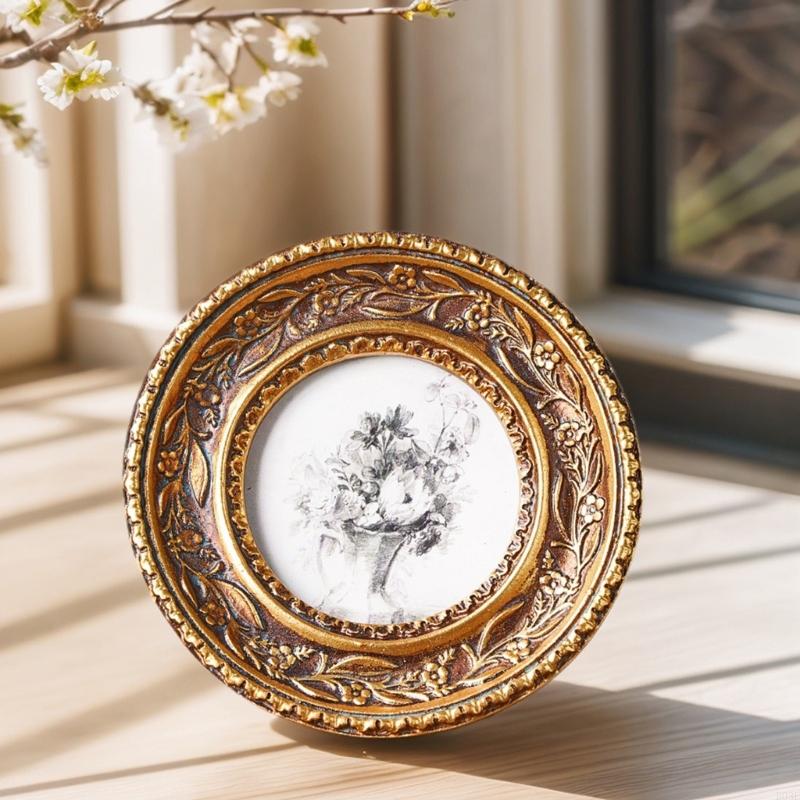 Resin Art Photo Frame - Antik Bronz Altın Yuvarlak Fotoğraf Çerçevesi